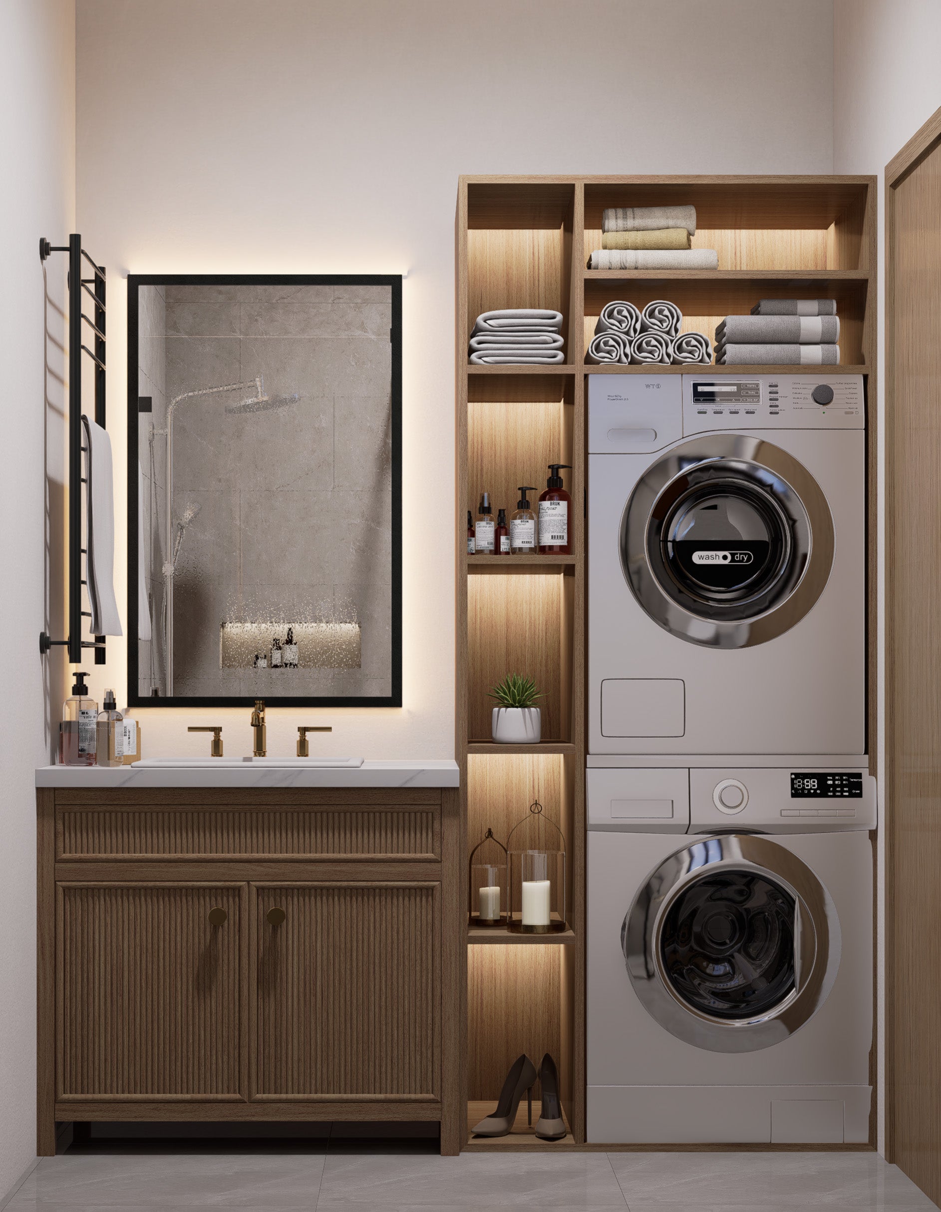 Modern bathroom with wooden vanity, mirror, and stacked washer and dryer.