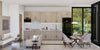 Modern kitchen and living room with wooden cabinets and white walls.