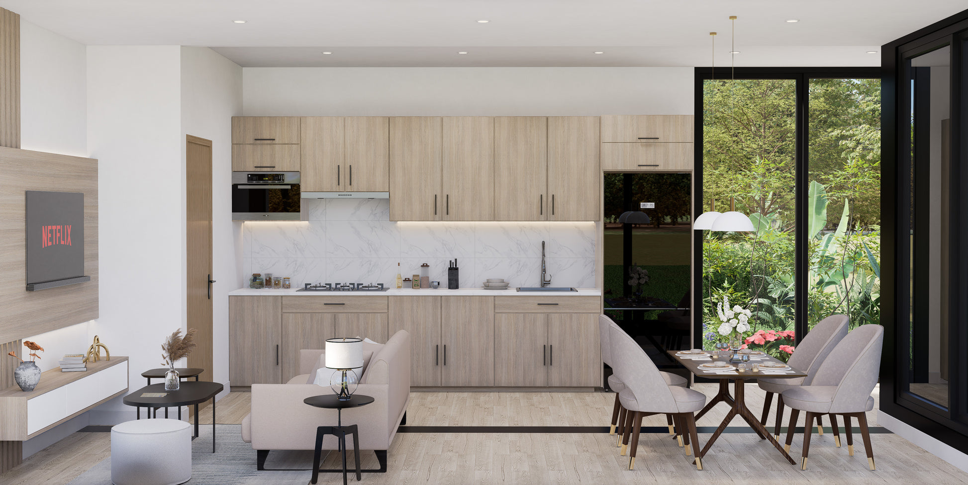 Modern kitchen and living room with wooden cabinets and white walls.