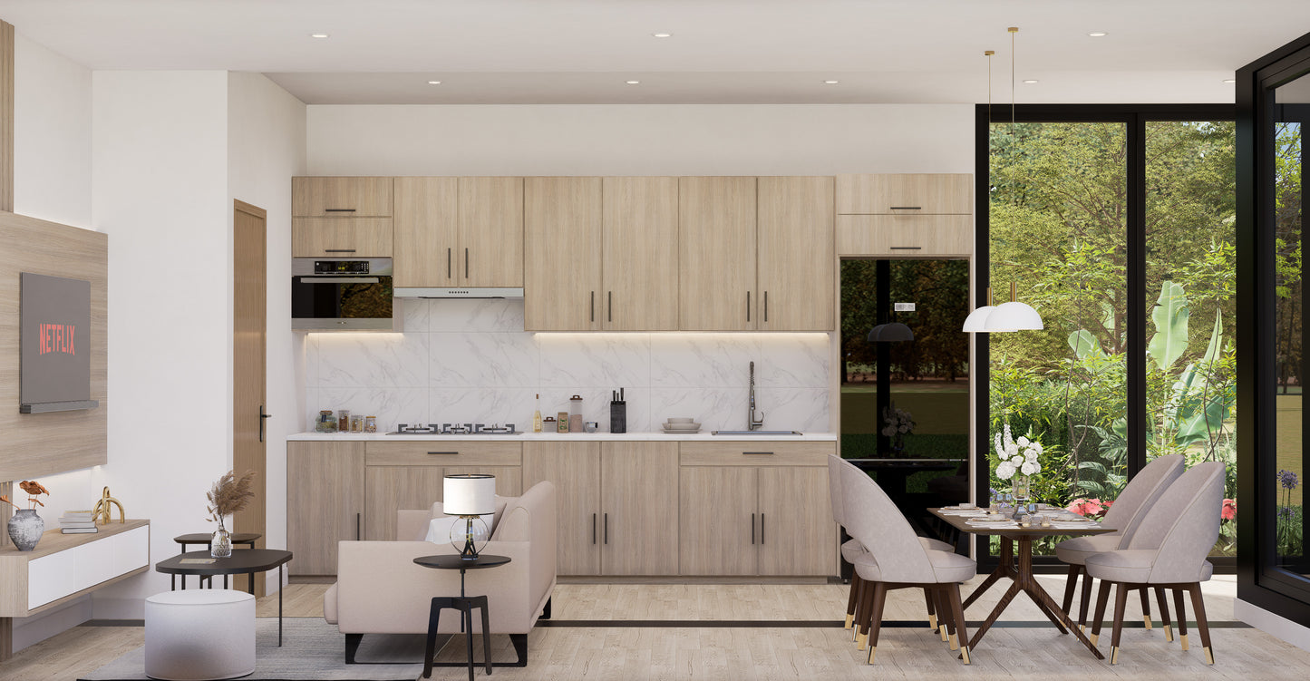 Modern kitchen with wooden cabinets, white countertops, and a view of greenery outside.