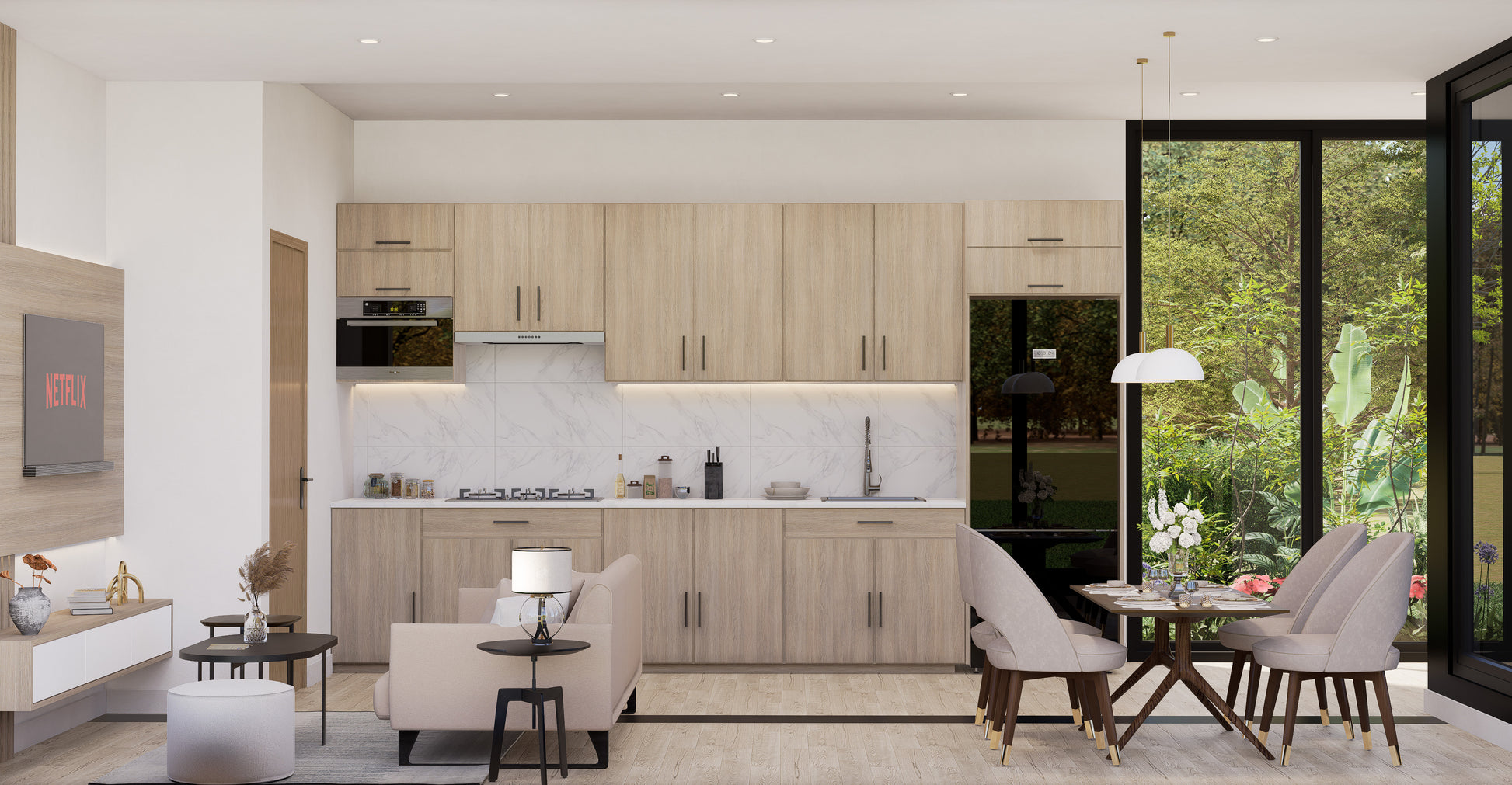 Modern kitchen with wooden cabinets, white countertops, and a view of greenery outside.