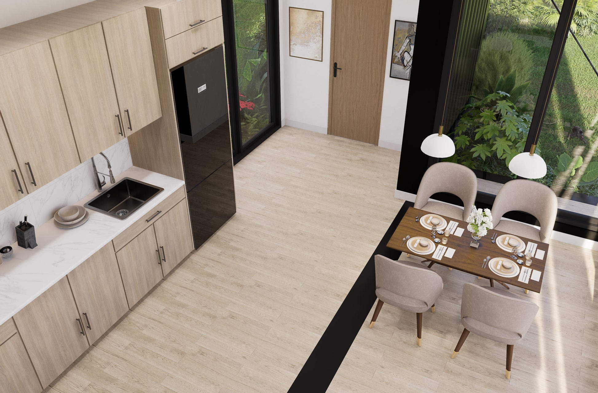 Modern kitchen with wooden cabinets, black appliances, and a dining area.