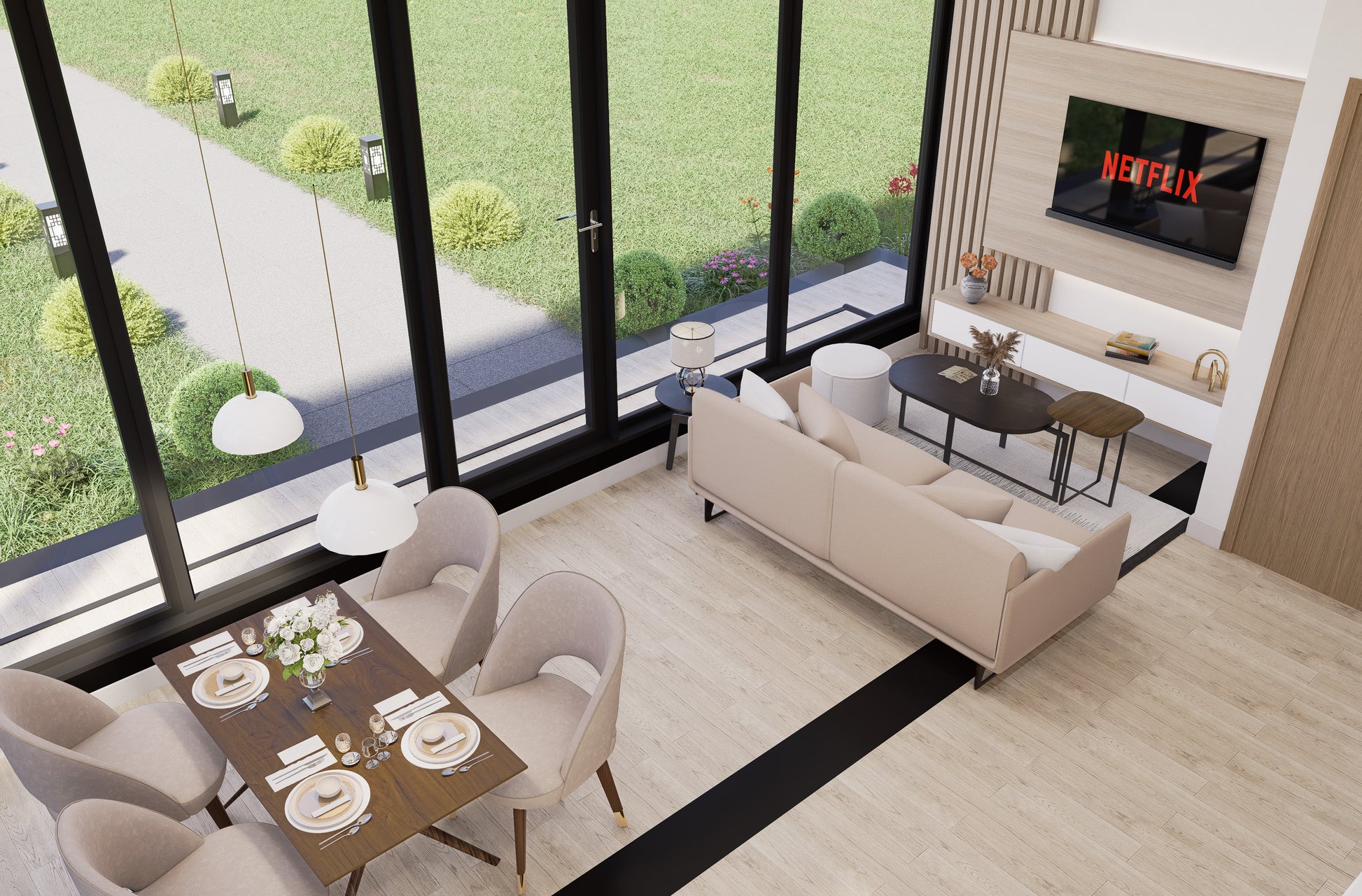 Modern living room with a dining table set and a TV displaying the Netflix logo.
