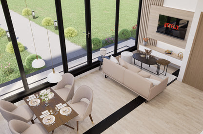 Modern living room with a dining table set and a TV displaying the Netflix logo.