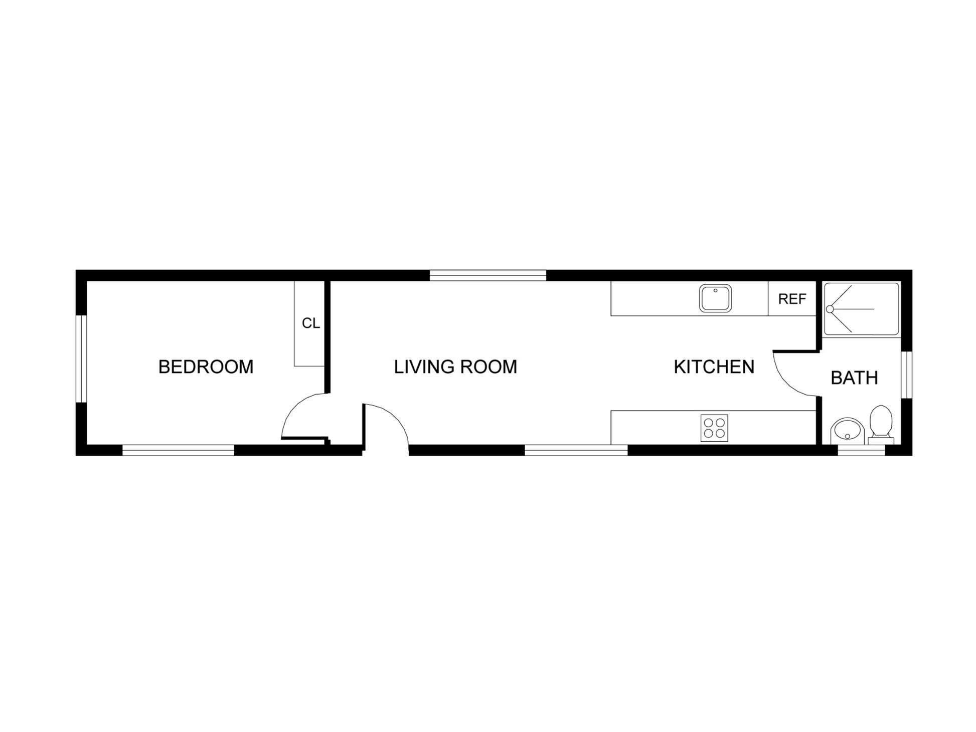 Floor plan of a small apartment layout with bedroom, living room, kitchen, and bath.