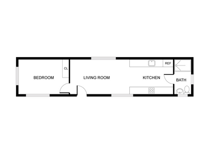 Floor plan of a small apartment layout with bedroom, living room, kitchen, and bath.