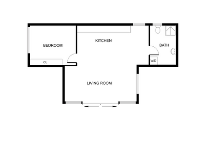 Floor plan diagram of a small apartment layout with rooms labeled.