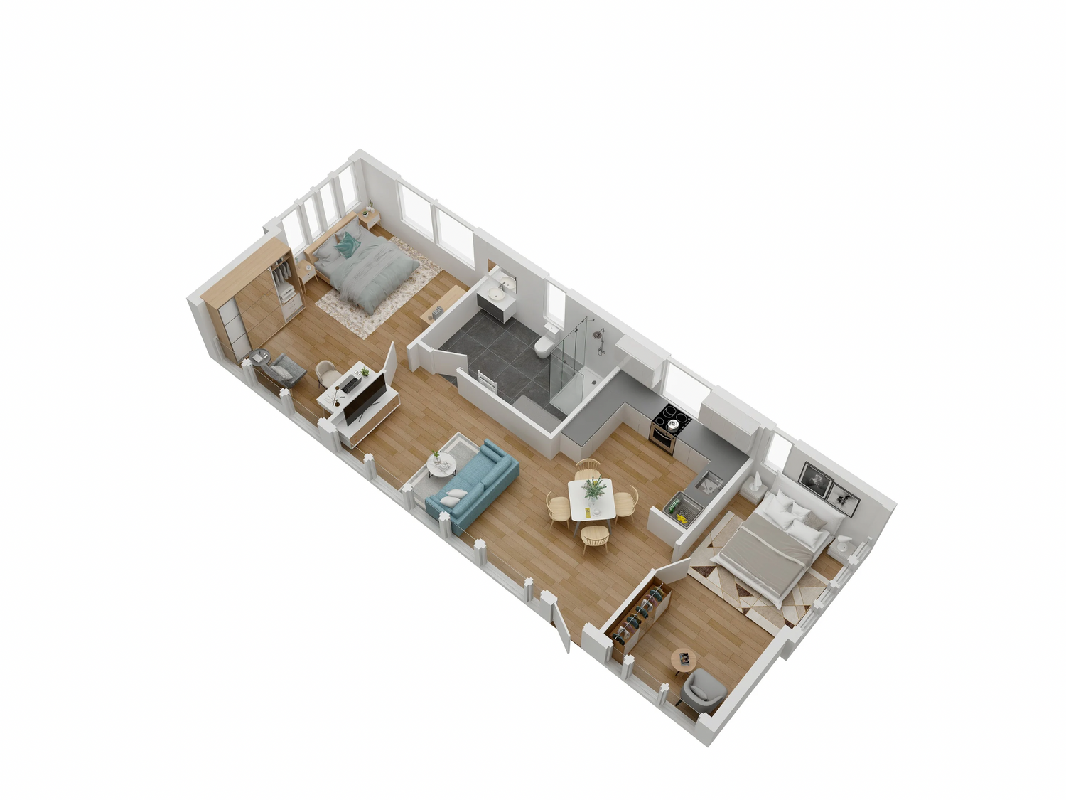 3D floor plan of a modern apartment layout with rooms and furniture.