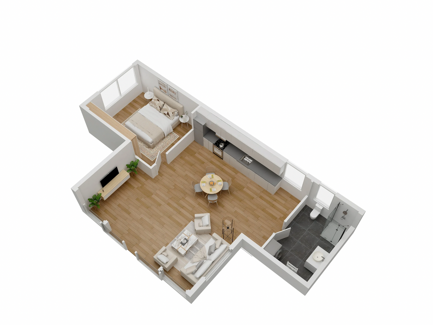 3D floor plan of a modern apartment layout with living room, kitchen, and bedroom.