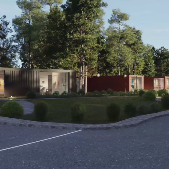 Kozzi Space video: compact green living with seating, parking & clean streets in container homes.
