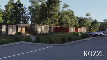 Kozzi Space video: compact green living with seating, parking & clean streets in container homes.