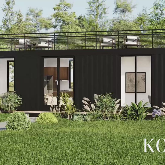 A container residential home by Kozzi Space, showcasing its interior and exterior views. 