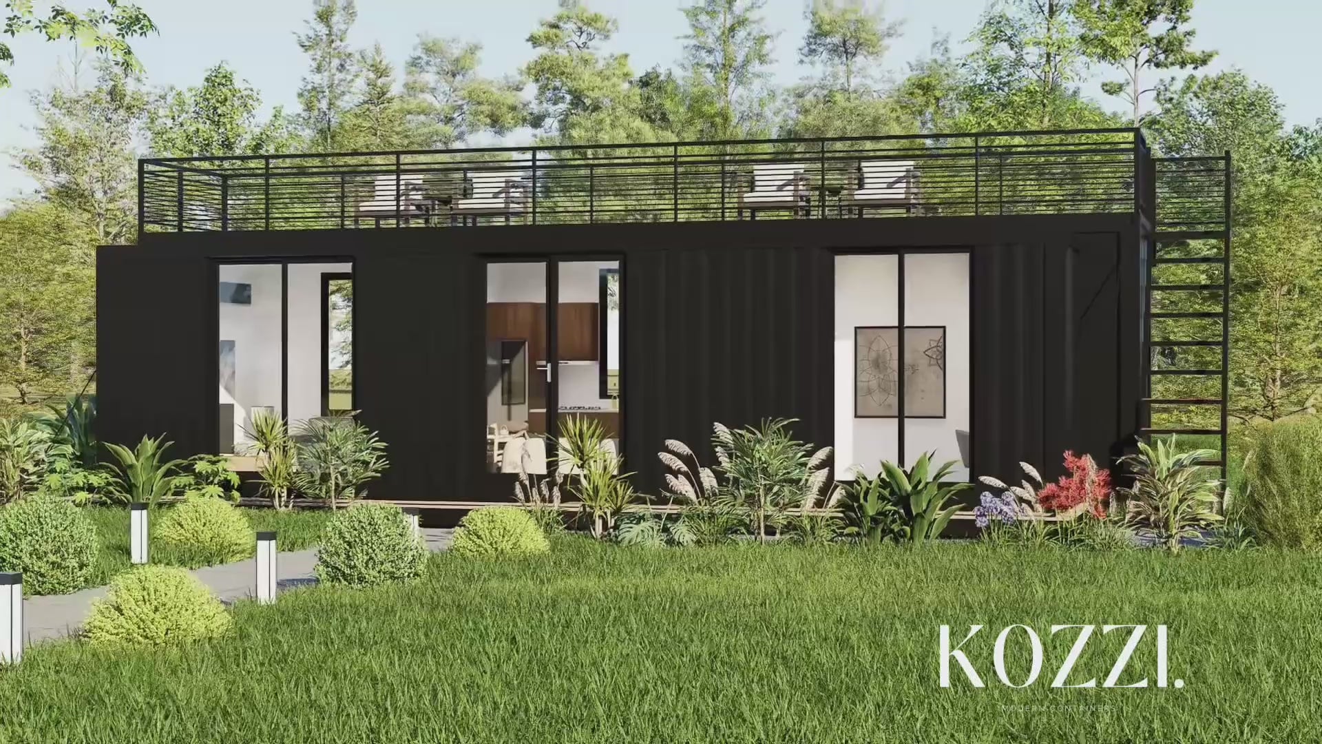 A container residential home by Kozzi Space, showcasing its interior and exterior views. 