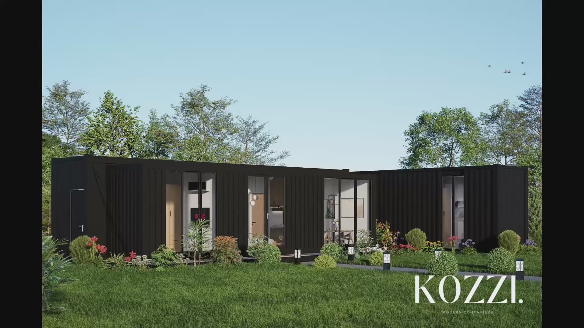 L-shape container living home with luxury furnitures, smart technologies