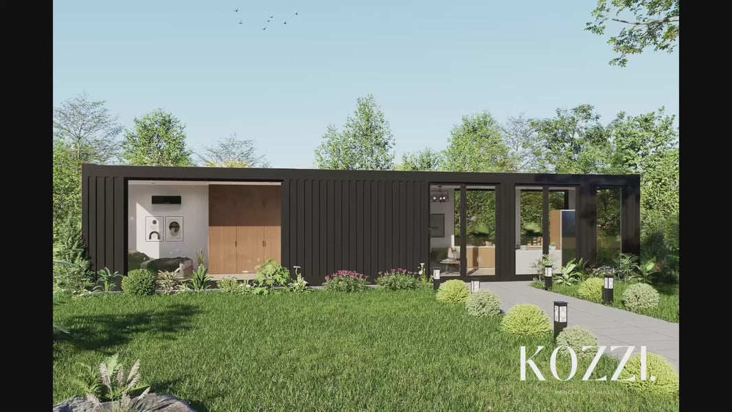 A luxury container house made using shipping containers with a garden and trees in the background