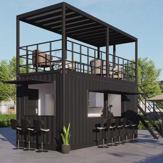 This video showcasing Kozzi Space's road side container shop, featuring a rooftop with modern chairs and tables. 