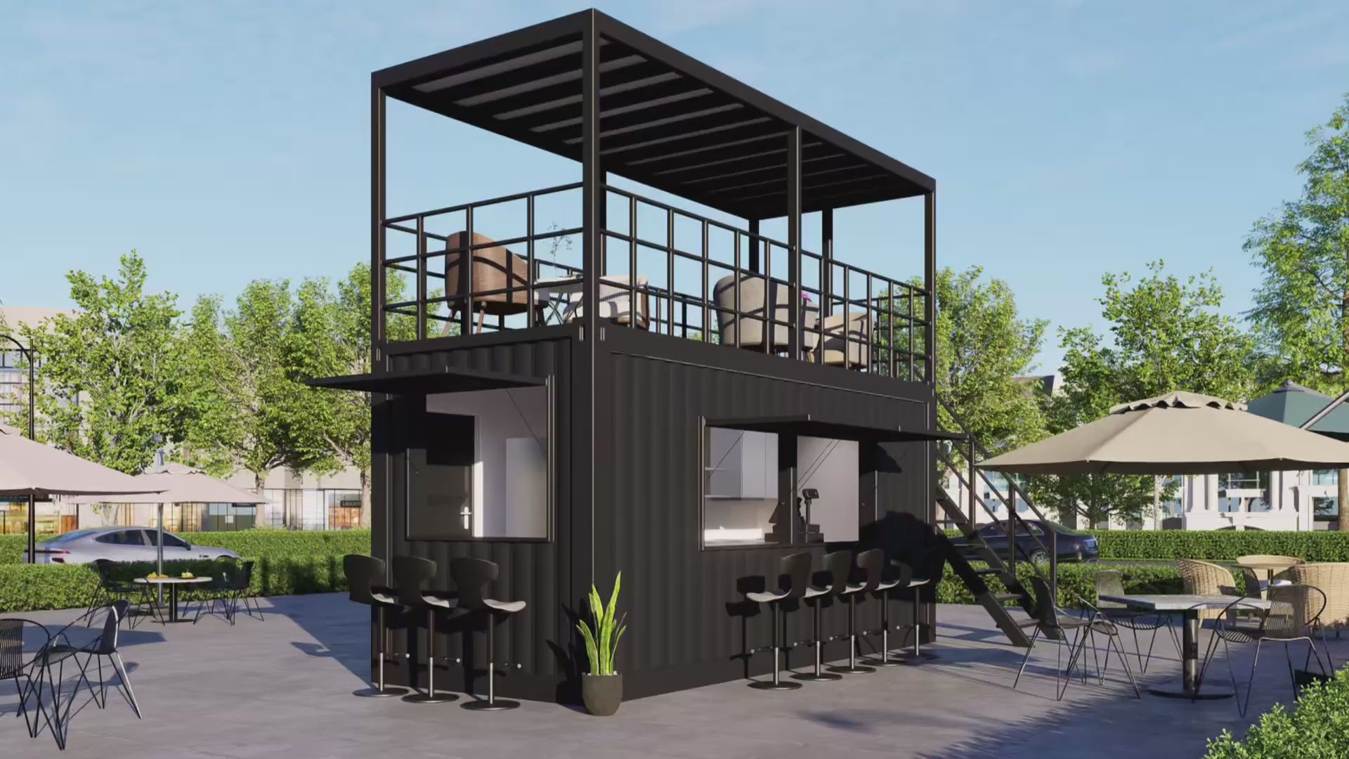 This video showcasing Kozzi Space's road side container shop, featuring a rooftop with modern chairs and tables. 