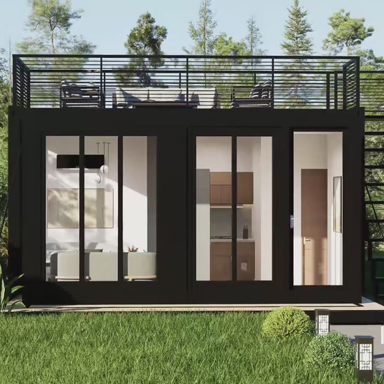 An outdoor container home with rooftop, with 1 bedroom, bathroom, guest room including modern furnitures. 
