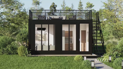 An outdoor container home with rooftop, with 1 bedroom, bathroom, guest room including modern furnitures. 