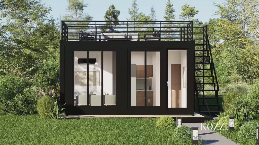 An outdoor container home with rooftop, with 1 bedroom, bathroom, guest room including modern furnitures. 